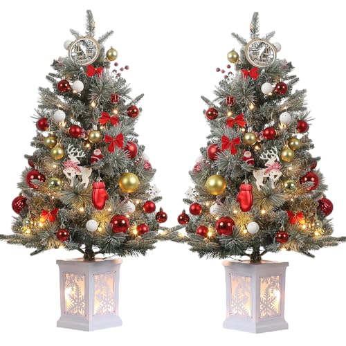3 ft Prelit Christmas Tree with 78 Warm Lights & Red Berry, Artificial Xmas Trees with Snowflake Light Box Base, for Home, Office, Fireside Christmas Decoration, Set of 2