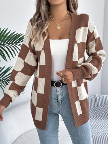 CORIRESHA Women's Contrast Checkerboard Front Placket Knitted Lantern Sleeves Casual Cardigan Mid-Length Coat4