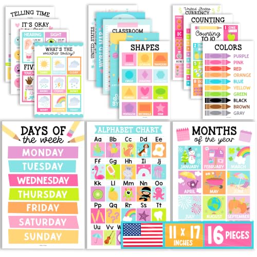 Image of Hadley Designs 16 Educational Posters for Classroom Must Haves - Laminated Pre-K Posters for Toddler Homeschool Essentials, Toddler & Preschool Learning Activities, Kindergarten Classroom Decor