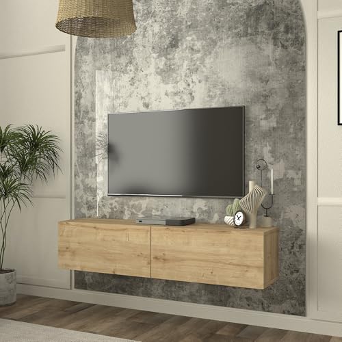 [en.casa] Meuble TV Mural avec 2 Portes Abattantes Support Télé Flottant 2 Compartiments de Rangement Design Moderne pour Salon Chambre Bureau Panneau de...