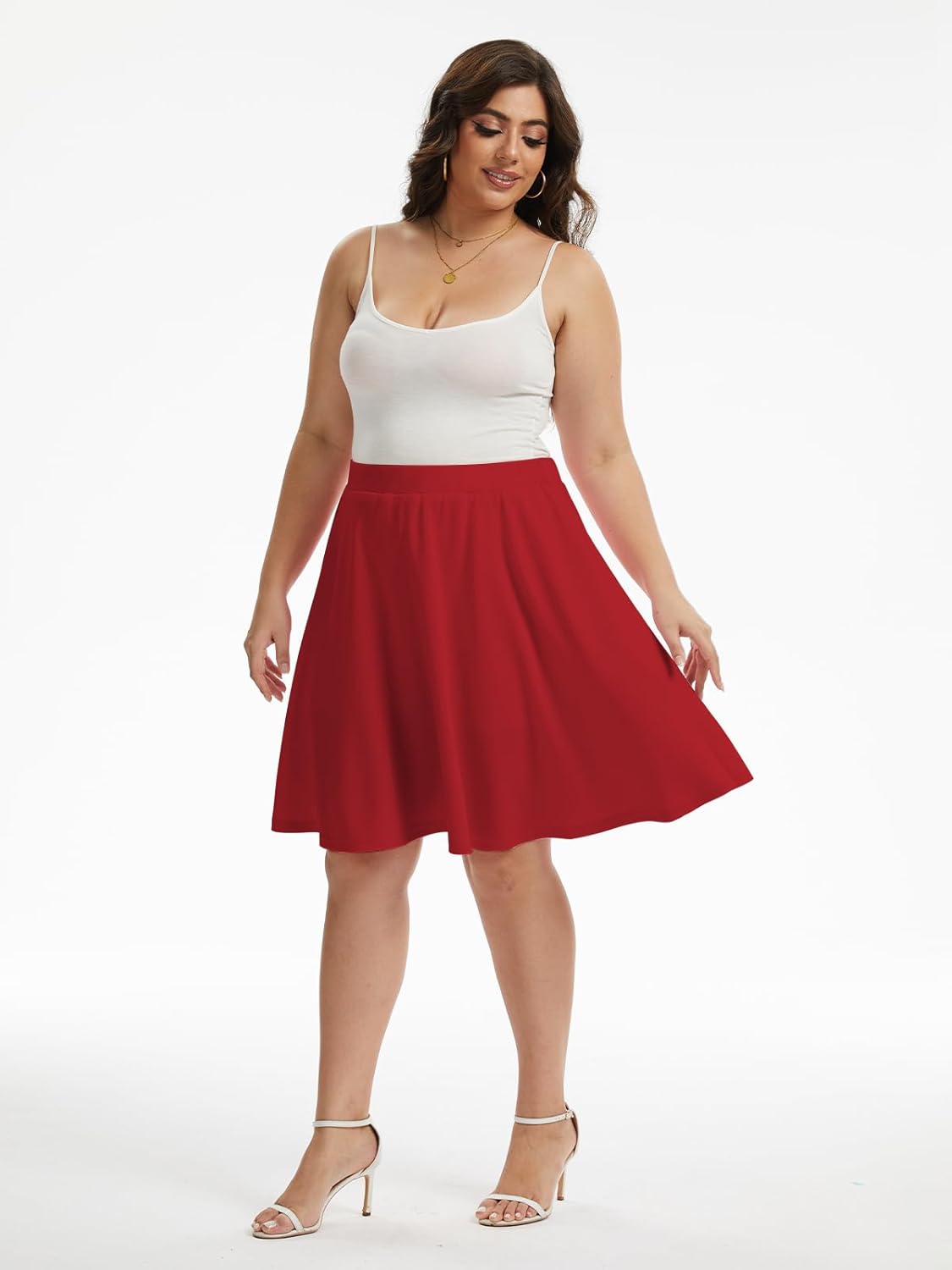 Women's Plus Size Midi Skater Skirt- Basic Versatile Stretchy Flared Casual High Waisted A-line Knee Length Skirt with Shorts - Image 5