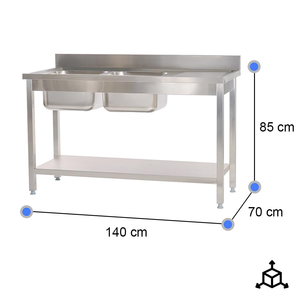 Cleiton® Fregadero de Acero Inoxidable de 2 Senos con Escurridor Derecha 1400x700x850 mm Desmontable | Pica Industrial con patas | Pila Lavadero