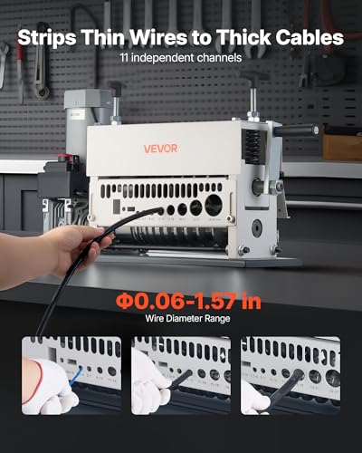 Image of VEVOR Electric Wire Stripper Machine, 0.06-1.57 in, 11 Channel Automatic Copper Cable Stripper, 370W Wire Stripper Tool with Manual Hand Crank Mode, Emergency Stop Button, for Scrap Copper Recycling