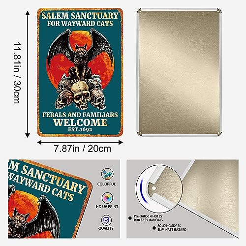 Yoya MTS02 4 Pcs Vintage Tin Signs Black Cat Halloween Decor Salem Sanctuary For Wayward Cats Ferals And Familiars Welcome Retro Skeleton Mushroom Metal Signs Home Wall Art Decor Metal Tin Sign Skull Poster thumb #1