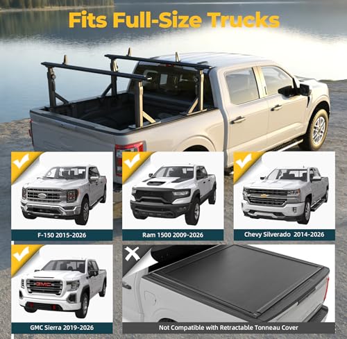 Image of TRUMGETA Adjustable Aluminum Truck Ladder Rack Fit for F150 Silverado Ram Sierra, Clamp-On No Drill Installation, Heavy Duty 1100 LBS Load Capacity, Truck Bed Rack for Ladders, Kayaks, Bikes