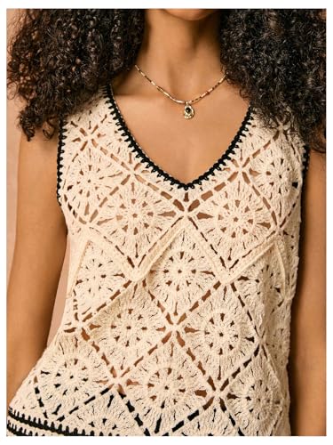 Image of MakeMeChic Women's Crochet V Neck Sweater Vest Contrast Binding Sleeveless Knitwear Top