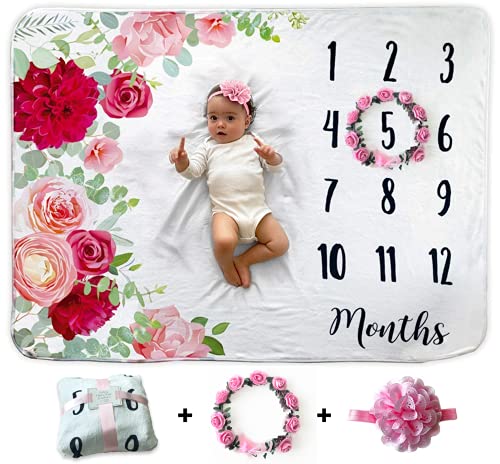 Image of Baby Monthly Milestone Blanket | Includes Floral Wreath & Headband | 1 to 12 Months | Premium Extra Soft Fleece | Best Photography Backdrop Photo Prop for Newborn | Baby Girl (Floral Pink)