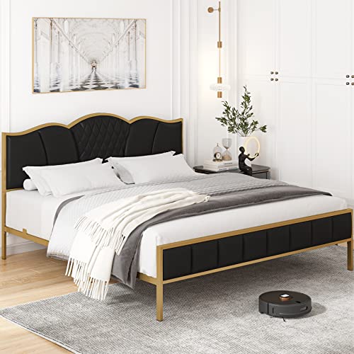Hithos King Size Bed Frame, Modern Upholstered Pu Bed Frame With Tufted Headboard, Heavy Duty Platform Bed With Wood Slat Support, Noise Free, No Box Spring Needed (Black, King) #TOP3