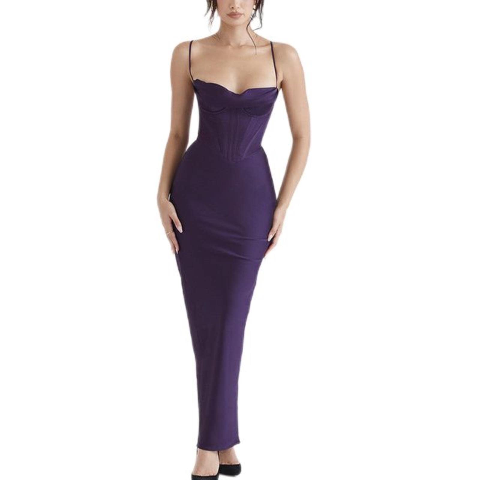WEITING Abito Lungo Sexy Senza Schienale In Raso Per Le Donne Vestaglia Moda Cinturino Per Spaghetti Senza Maniche Vestito Lungo Da Festa Magro Vestido-Viola Scuro,XS