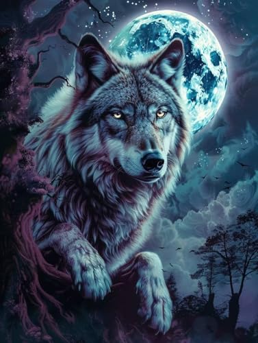 Diamond Art Point de Croix Loup et Lune : l'activité anti-stress grand format