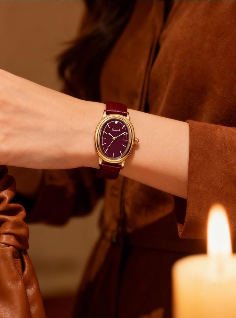 MASTOP Vintage Women’s Leather Wrist Watch – Small Gold Oval Square Case, Minimalist Analog Quartz, Red Dainty Petite Ladies Watch - Image 5