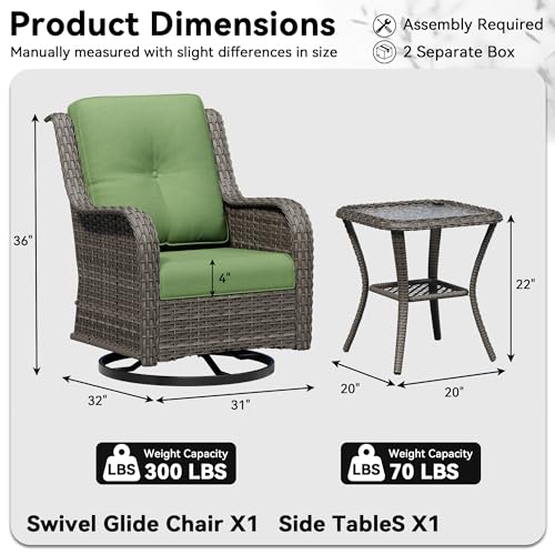 Image of 2 Pieces Outdoor Swivel Rocker Patio Chairs Set - Outdoor Wicker Patio Furniture Sets with 1 Side Table, Olefin Fabric Cushions Suitable for Backyard Deck and Porch, Green