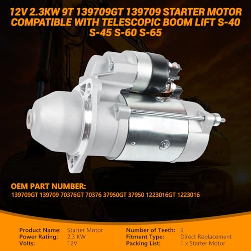 12V 2.3KW 9T Motor de Arranque 139709GT 139709 37950GT reemplazo compatible con elevador de pluma telescópica S-40 S-45 S-60 S-65 S-80 S-85 para elevador de pluma articulada Z-135/70 Z-45 XC Z-45 miniatura 2