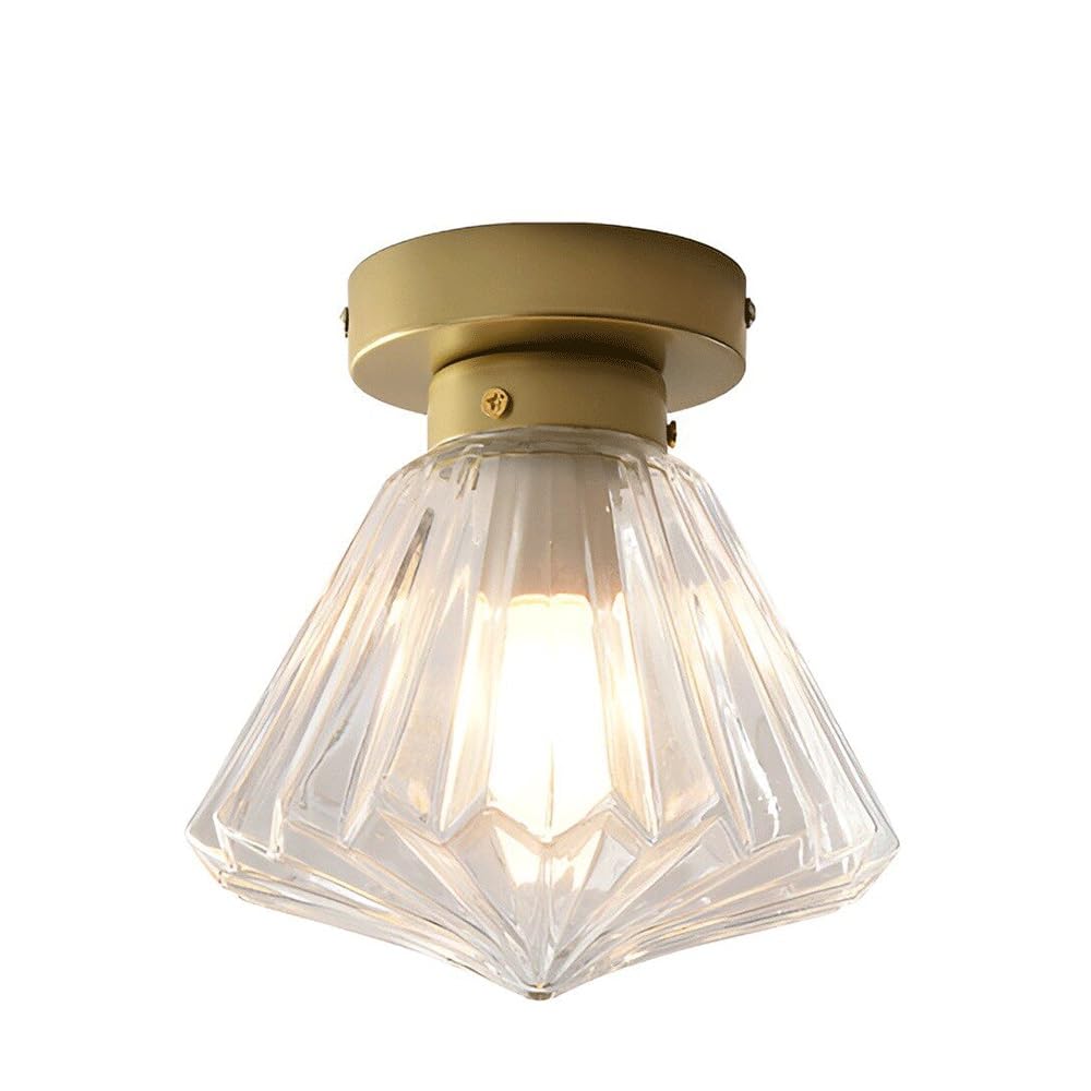 MESOVFCA Modern Gold Iron Semi Flush Mount Ceiling Light with Ribbed Diamond Glass Shade 7 Inch Height Lighting Fixture for Hallway Entryway Aisle Balcony Foyer E26 Base Lamp
