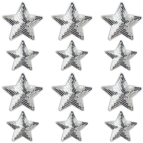 Weenkeey 12 Stück Stern Pailletten Patches Pentagramm Aufbügeln Applikationen Bling Stern Gestickte Aufnäher für Kleid Jeans Jacken Hüte Taschen Schuhe - 2 Größen Silber