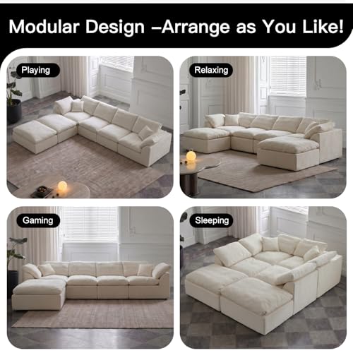 Image of Cloud Couch Sectional for Living Room, Modular L Shaped Boneless Sofa with Chaise, Compressed No Assembly Couch, Deep Seat Chenille Upholstered Convertible Sofa Bed (Beige) (139″‌ U-Shaped White)