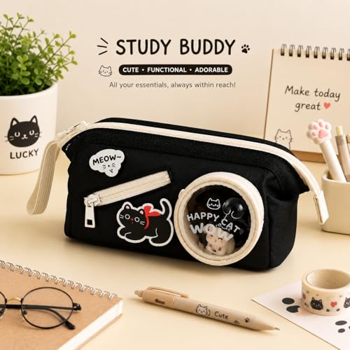 Image of Happy Cat Black Pencil Pouch for Girls & Boys, Large Capacity Multi-Compartment Zipper Pencil Case with Transparent Display Window & Front Pocket Organizer