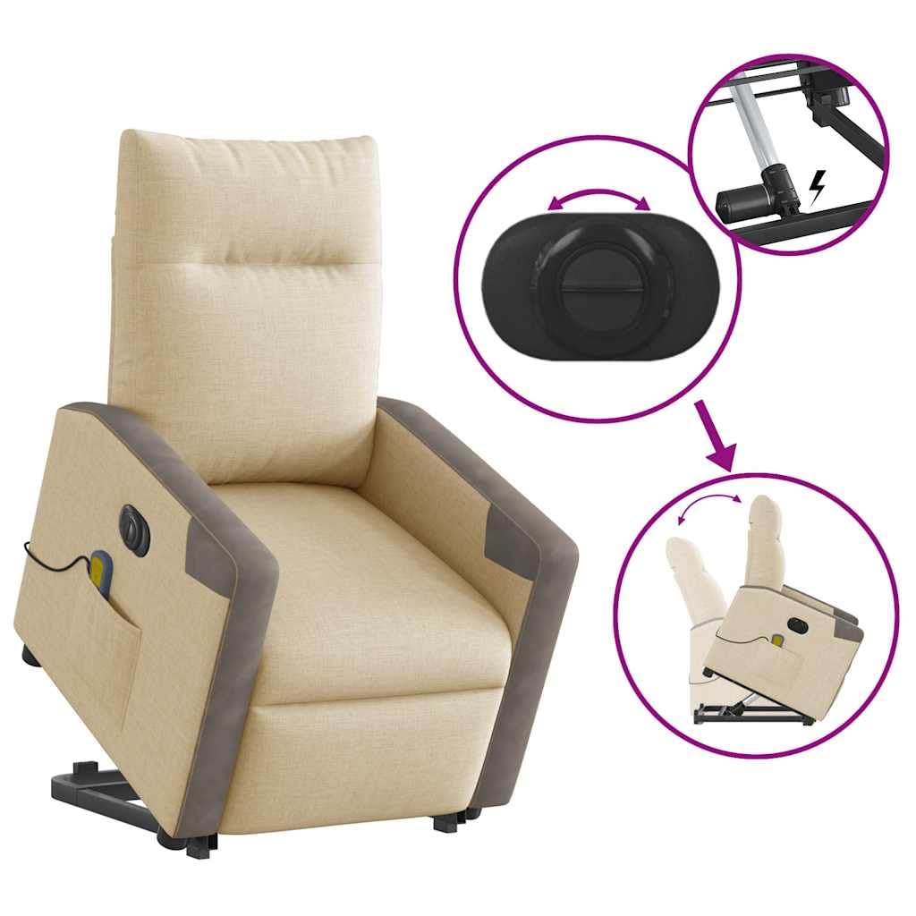 Sillón elevador eléctrico reclinable de tela crema con 6 puntos de vibración y marco estable, función de elevación e inclinación de 135 grados para mayor comodidad