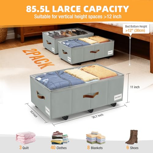 Image of Under Bed Storage with Wheels,Underbed Storage with Sturdy Sidewalls /Bottom, Clear Cover, Label and PU Handle, Rolling Under Bed Drawers for Clothes, Shoes, 11 Inch Height,Grey, 2 Pack