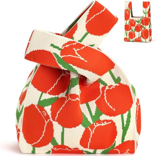 Image of Kawn Crochet Wrist Handbag for Women Wristlet Sleeve Knot Pouch Portable knitted breathable lightweight foldable Casual Small Purse Cute Tote Bag For Shopping, Dating, Travel