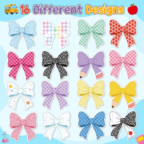 Image of Back School Bow Stickers - 16 Design Waterproof Vinyl Self Adhesive Decals with Cute Ribbon Pattern for Laptop Notebook Scrapbook Water Bottle Classroom Door Teacher Reward Chart Party Favor
