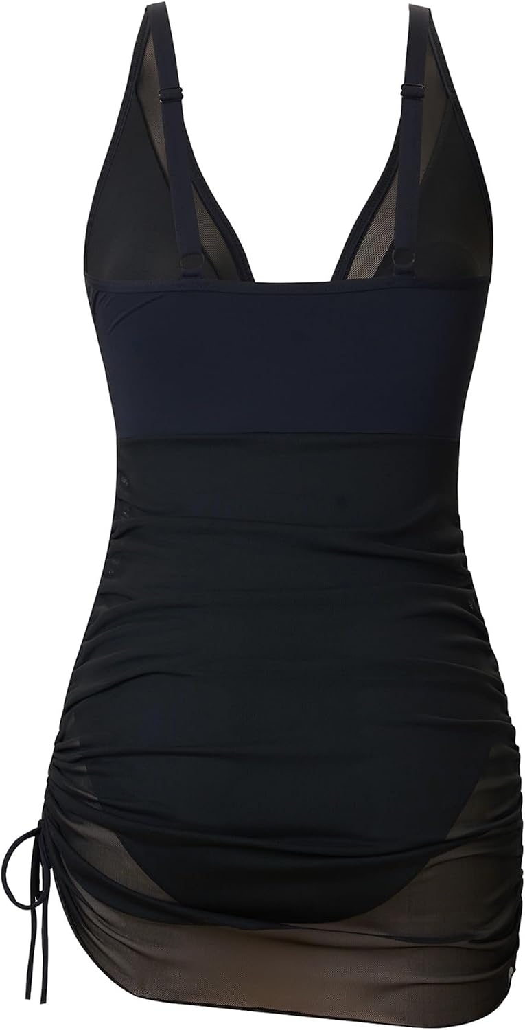 bslingerie Women One Piece Mesh Deep V Tummy Control Swimdress Bathing Suit Asymmetric Swimwear