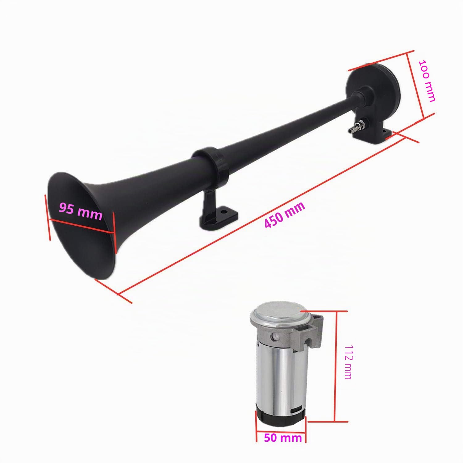 Klaxon de Voiture Car Horn150DB Klaxon électrique 450mm Corne de l'air Chromé Zinc Noir Haut-Parleur Avec Compresseur Pompe à air pour Tout véhicule Président 12V Camion Van Moto Bateau etc