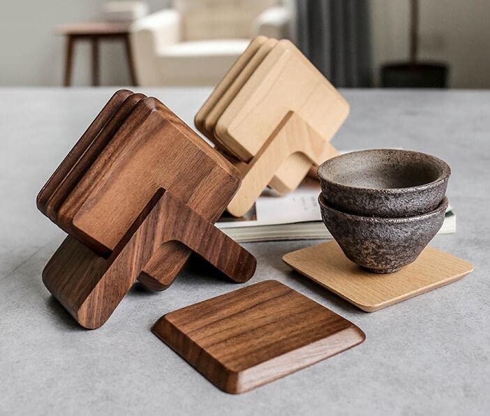 Tiardey Square Solid Wood Tea Coaster Beech Iinsulation Padwith Holder,Set of 6,Rectangle,9cm for Drinks,Coffee,Tea Cup - Black Walnut - Image 4