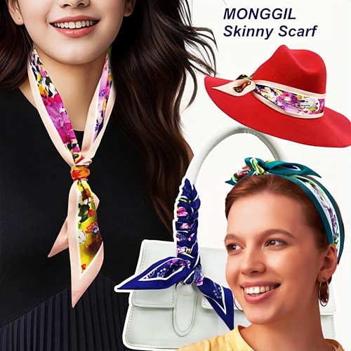 Skinny Scarf 3 Pack for Women – Bag Scarf, Silk Hair Scarves (Original Prints, Premium Twill, 3 Designs)2