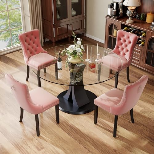 Image of 5-Piece Dining Table Set with 47In Tempered Glass Table and 4 Velvet Upholstered Chairs, Modern Scandinavian Furniture for Dining Room Kitchen(Pink)