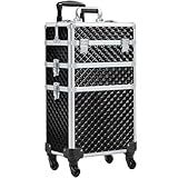 Yaheetech Rolling Makeup Train Case 3 in 1 Cosmetic Case Professional Makeup Suitcase Large Aluminum Cosmetic Trolley with Swivel Wheels and Key, Diamond Pattern- Black