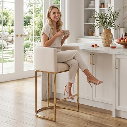 Image of HNY Modern Cream Counter Height Barrel Linen Fabric Upholstered Counter Stool, 29 Inch Kitchen Island Stool with Gold Metal Frame