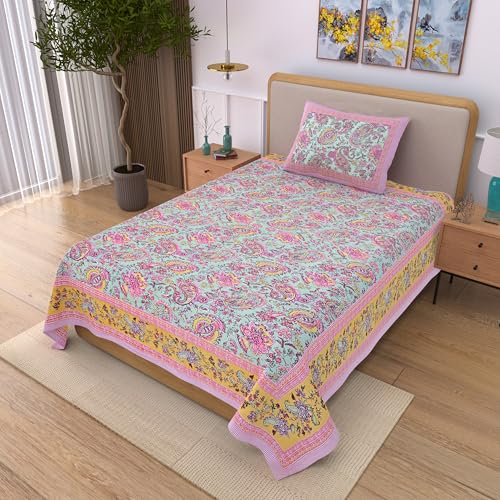 Image of 100% Cotton Single Bedsheet with 1 Pillow Cover | 240 TC Pure Cotton Flat Bed Sheet | Traditional Jaipuri Printed Bedding Set | Soft & Breathable | 60 x 90 Inch (Kaya Single 30)