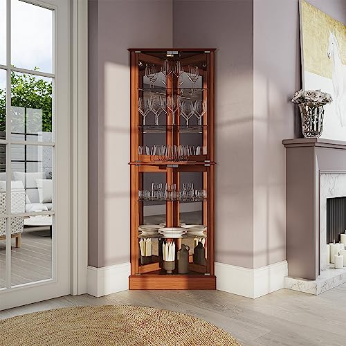 Image of BELLEZE Lighted Corner Display Curio Cabinet Wooden Shelving Unit with Tempered Glass Door, Bar and Liquor Storage Area with 6 Shelves - Woody (Oak)