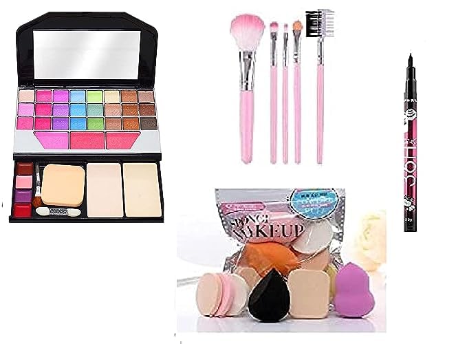 KAARM tya6155Makeup Kit + 5 Pcs Makeup Brush + 6 Piece Makeup Sponges +36H Eyeliner Black