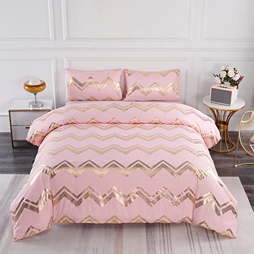 Jemiipee Set Housse de Couette à Motif Géométrique Métallique 200x200 cm 2 Personnes et 2 x Taies d'oreiller 51x66 cm Parure de Lit Moderne Imprimé à Chevrons Or avec Fermeture Eclair, Rose