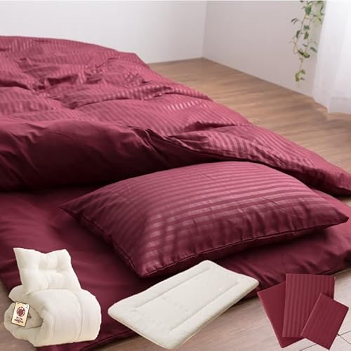 日本製 快適睡眠 布団セット かため 和 3点 セット 掛布団 枕 敷布団 高反発 ウレタン 内蔵 AQUA + 布団カバー ワインレッド