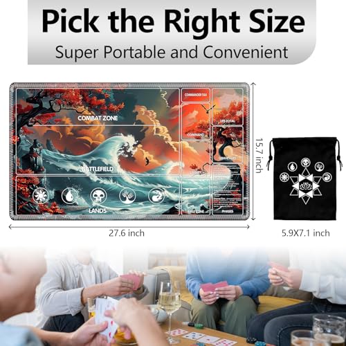 Image of for MTG Playmat with Card Storage Bag,Non-Slip Rubber Base & Smooth Surface 27.6x15.7in,Beginner-Friendly Magic Mat for Commander Deck,Red Trees Sunset Waves