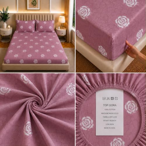 Image of Castiqa Elastic Fitted Supersoft Premium Polycotton 200TC King Size Bedsheets with 2 Pillow Covers | No Slip Bedsheet | (Pink Petals, King (72x78 Upto 10 inch Mattress))