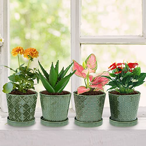 Image of EFISPSS Flower Planter -5 inch Ceramic Plant Pots with Drainage Hole and Ceramic Tray - Gardening Home Desktop Office Windowsill Decoration Gift Set of 4 - Plants NOT Included