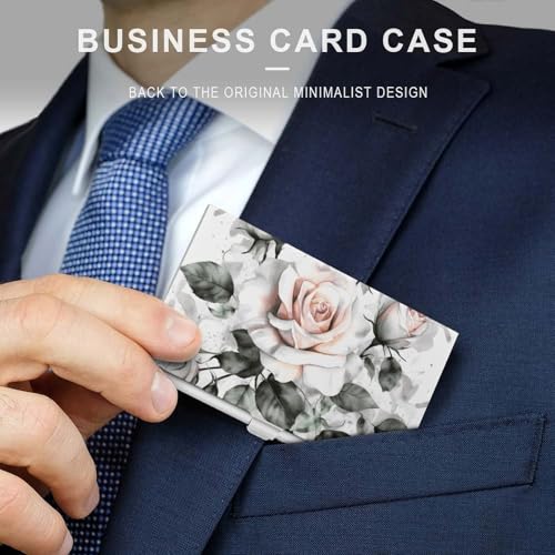 Slim Business Card Case for Men & Women, Pocket Metal Case, White Watercolor Floral Rose Professional Aluminum Alloy Business Card Holders, Stylish Purse Name Cards Holder, Buckle Style Shut3