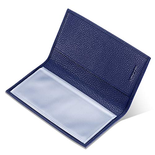Image of HISCOW Slim Leather Checkbook Cover for Personal Checks, Pebbled Blue, One Size | Full grain cowhide, transaction register & check book pockets, removable duplicate divider, durable stitching, gifts for men