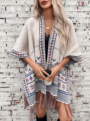 Women's Boho Open Front Poncho Casual Loose Knitted Shawl Wraps Cape Tassel Aztec Cardigan Sweater for Fall Winter3