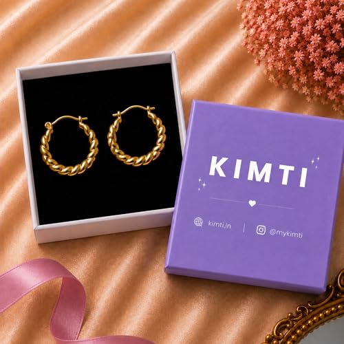 Image of KIMTI Gold Plated Hoop Earrings for Women - 18K Gold Plated Round Chunky Hoops | Lightweight Anti Tarnish Hypoallergenic Korean Style | Daily Wear Earrings for Girls and Women