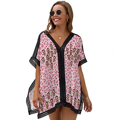 Personalized Women's Flowy Beach Kimono Custom Face Photo Long Bikini Cover Up Funny Swimsuit Open Front Cardigan
