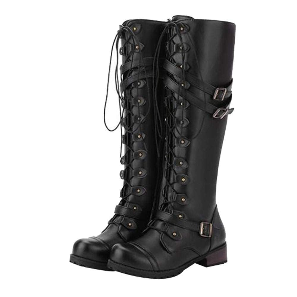Knee High Combat Boots Goth Boot Vintage Punk Lace Up Adjustable Buckles Chunky Low Heel Fall Booties Motorcycle