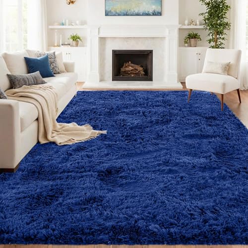 Alfombra salón moderna abstracta 40x140 azul oscuro pelo largo 5