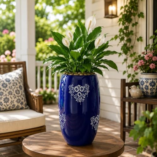 Image of Niyara Premium White Self Pattern Look Ceramic Pots Planters for Indoor Plants,Succulent,Outdoor,Balcony,Home,Garden,Office Size -Large 7.5 inches by 14 inches, Shape :Cylindrical (Blue Pot)