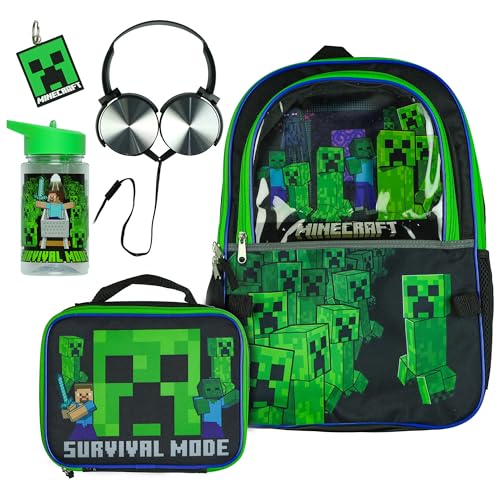 Bioworld Mochila Minecraft Conjunto de 5 peças Creeper Survival Mode Kids Book Bag 43 cm