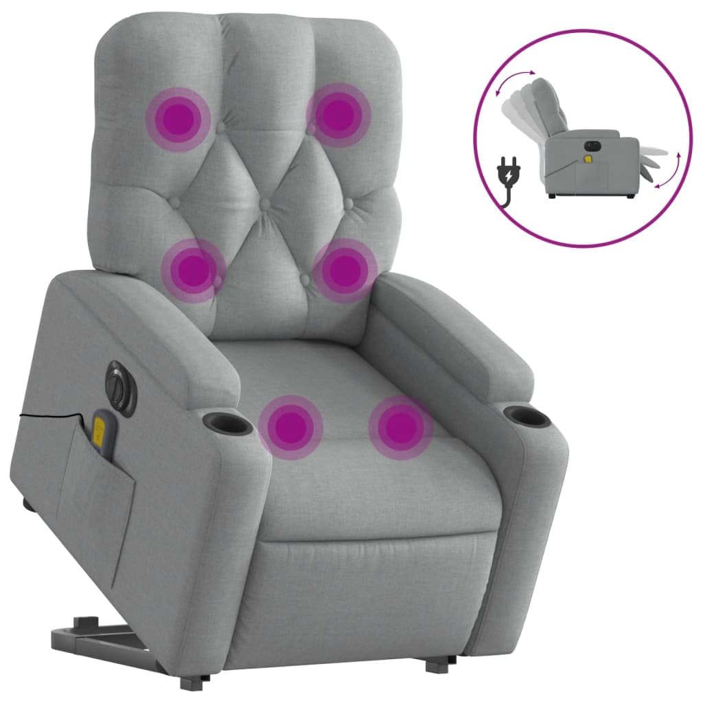 Sillón elevador eléctrico con masaje de 6 puntos y reclinación automática, gris claro de tela, función elevación y vibración, estructura estable